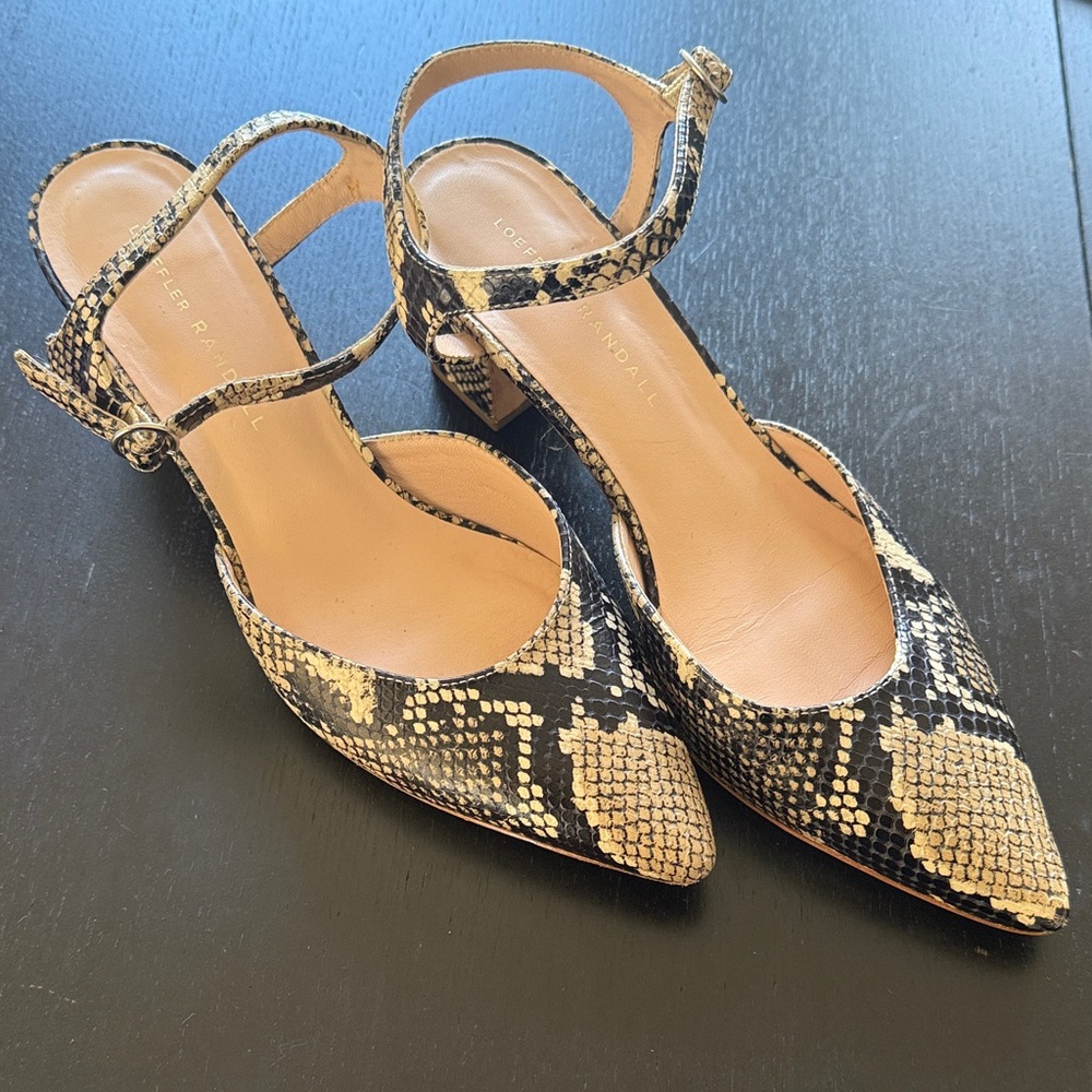 Loeffler Randall Snake-Print Pointed Ankle Strap Heels in Black and Tan